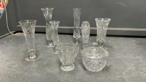 PINWHEEL CRYSTAL PIECES -CREAM & SUGAR, BUD VASES,