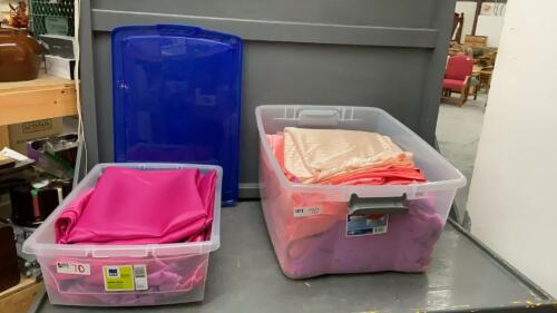 (2) TOTES OF SATIN FABRICS - PINKS/PEACH/PURPLE