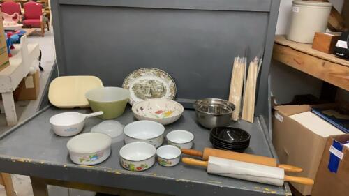 BOX OF KITCHEN ITEMS - BOWLS, MARBLE ROLLING PIN, (2) SETS OF METAL STORAGE CONTAINERS, PLATTER, WOOD SKEWERS ETC