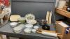 BOX OF KITCHEN ITEMS - BOWLS, MARBLE ROLLING PIN, (2) SETS OF METAL STORAGE CONTAINERS, PLATTER, WOOD SKEWERS ETC