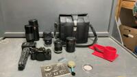 CANON FILM CAMERA W/ (3) EXTRA LENSES & FLASH