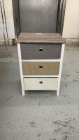 SMALL CUBBY STAND W/ (3) FABRIC DRAWERS