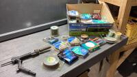 BOX OF ASSORTED FISHING LINE + ROD HOLDER