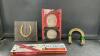 PLASTIC HORSESHOE GAME, GOLD PAINTED HORSESHOE MOUNTED ON BARNWOOD, MODEL AIRPLANE KIT