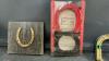 PLASTIC HORSESHOE GAME, GOLD PAINTED HORSESHOE MOUNTED ON BARNWOOD, MODEL AIRPLANE KIT - 2
