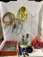 SHOP BOX W/ FUEL CAN 5L, EXTENSION CORD, PAINT TRAY, PUTTY KNIFE & FILE