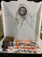 SHOP BOX OF ELETRICAL W/ PIGTAILS, MARKER LAMP, WIRES & MISC