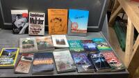 BOX W/ ASSORTED BOOKS - GHOST STORIES, CLANS+TARTANS, MICHAEL J. FOX