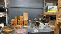 VINTAGE WOOD CANISTER SET, SMALL CORNER WOOD SHELF, GO-CUPS, BEER MUGS, WOOD HAMBURGER PRESS ETC,