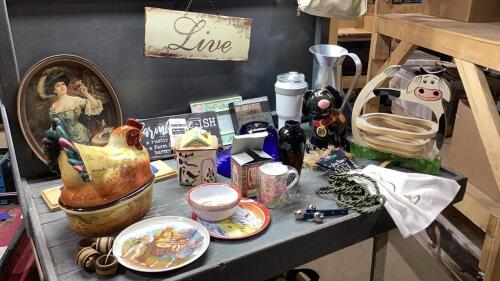 BOX OF HOUSEHOLD + DECOR - CHICKEN DISH, SMALL COOKIER JAR, COLLECTOR PLATE
