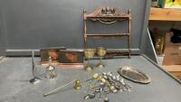 COLLECTOR SPOONS AND RACK, METAL GOBLETS, PRAYING HANDS NAPKIN HOLDERS, CANDLE SNUFFER
