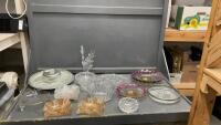 VINTAGE GLASSWARE - IRREDESCENT DISHES, VEGGIE TRAY ON ALUINUM BASE, SILVER RIMMED PICKLE DISH, PINWHEEL CRYSTAL ASHTRAY