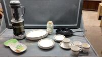 (2)BOXES - CANNISTER, TIN FRYPAN, NUTRIBULLET, SMALL DISH SET, VEGGIE PLATTER