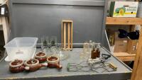 BOX AND SMALL TOTE W/ MISC VINTAGE ITEMS - FRENCH ONION SOUP POTS, JAR LIFTERS AND EGG BEATER, MEDICINE BOTTLES, JASPER 1978 GLASSES,