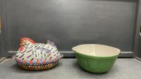 CERAMIC CHICKEN DISH AND LARGE GREEN BOWL