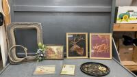 (2) COPPER PICTURES, LARIAT WRAPPED FRAME, SMALL MISC PICTURES, TIN TRAY
