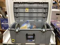 CRATE TOTE W/ LEGOS, HEAT GUN, EXTENSION CORDS, 2 WHEEL AXLE, AIR GRINDER & MISC