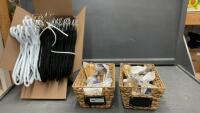 BOX OF HANGERS AND (2) WICKER BASKETS W/ FANCY LIGHTBULBS