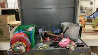 (2) BOXES W/ PENCIL CASES, KIDS BACKPACK, CRAYONS, NAIL POLISH, MARKERS, BODY LOTION, SMALL SKATEBOARD