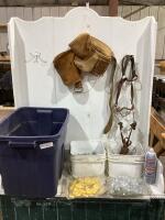 TOTE W/ NUTS, NAILS, TOOL WAIST BAG, BOLTS, RING INSULATORS & BUNDLES OF SUSPENSION CONTROL ARMS