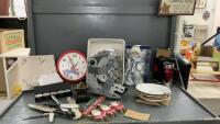 BOX W/ GOOFY PLASTIC CLOCK, CHRISTMAS DECOR, (4) LUNCH PLATES, AIR BOOT, CANDLES,