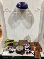 SHOP BOX W/ LED CAB MARKER LIGHTS, CABLE, GREASE FITTINGS ASSORTMENT SAW, CLAMP, FACE SHIELD & MISC