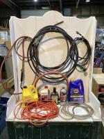 TOTE W/ EXTENSION CORD, BLOW TORCH, WIRE CABLE, PROPANE HOSE, RUBBER TUBE & FLUIDS/OILS