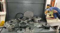 STRONG BOX TOTE (NO LID) W/ POTS & PANS - (4) PIECE SET OF &ldquo;THE ROCK&rdquo; POTS W/ LIDS, EGG POACHER, EXTRA GLASS LIDS