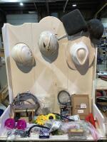 SHOP TOTE W/ (3) SAFETY HELMETS, CAP, HEAT PHILIPS, U-JOINT, GARDEN PLANT SUPPORTS & MISC