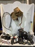 SHOP BOX W/ ELECTRIC INSECT KILLERS, PVC PIPES, WAIST TOOL BAG, PROPANE HOSE, SPRINKLERS & MISC