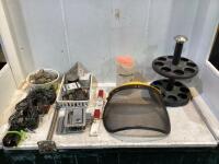 SHOP BOX W/ FUSES, SPICE RACK, MESH MASK, MISC CHARGERS, LOCK & PLASTIC ORGANIZER
