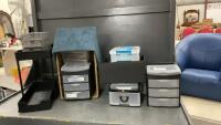 LARGE BOX OF PLASTIC/METAL/CLOTH STORAGE CONTAINERS