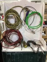 TOTE W/ TRUCK & TRAILER CABLE, AIE PRESSURE HOSE, GREASE GUN, RATCHET STRAP, SIDE MIRRORS & MISC