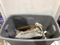 TOTE W/ ASSORTMENT OF HOSES/PIPES, VALVES, BARBECUE BURNERS, ELETRICAL & MISC