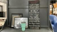 YETI GO CUP (NO MAGNETIC TAB), AND (2) FRAMES, SAYING ON WOOD
