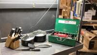 TOTE AND COLEMAN EASI-LITE CAMPSTOVE + CAMPFIRE HOTDOG STICK, CAMP POTS,KNIVES