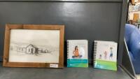 PENCIL SKETCH OF OLD FARM HOUSE & (2) PREGNANCY & EARLY YEARS BOOKS