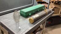 (3)ITEMS -CAMPFIRE TOOL, TUBE STORAGE CONTAINER, GREEN STORAGE BOX