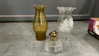 (2) SMALL LAMP CHIMNEYS & PETITE FINGER LAMP