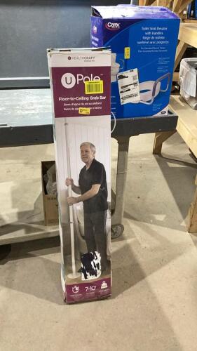 (2) ITEMS - RAISED TOILET SEAT WITH HANDLES + FLOOR TO CEILING GRAB BAR
