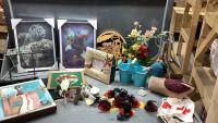 ASSORTED DECOR ITEMS-3D PICTURES, VASE, TURQUOISE WATERING CAN + PLANTER POTS