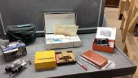 BOX W/DIGITAL CAMERA, VIVITAR DIGITAL CAMERA BINOCULARS, CAMERA BAG, WALLET, MOVIE SPICER