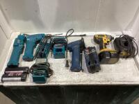 BOX W/ MAKITA CORDLESS DRILLS, (3) BATTERY CHARGERS, DEWALT CORDLESS DRILL, BATTERY CHARGER, QUALITY CRAFT CORDLESS GRINDER & BATTERY CHARGER