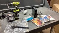 RYOBI CORDLESS DRILL W/2 CHARGERS + BATTERY, WII GAME CONSOLE + 3 GAMES