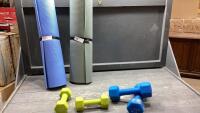 (2)YOGA MATS AND HAND WEIGHTS