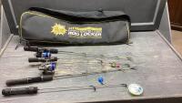ROD LOCKER BAG W/ (2) ICE FISHING RODS WITH REELS + (2) RODS WITHOUT REELS