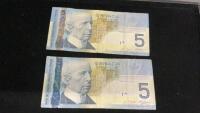 (2) CANADA $5 BILLS - 2006 & 2010