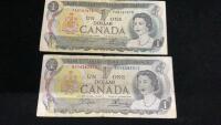 (2) 1973 CANADA $1 BILLS