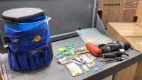 BASS PRO BUCKET WITH STORAGE COVER + SEAT, ORGANIZER WITH FISHING SUPPLIES , BERKLEY ELECTRIC KNIFE