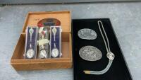 CIGAR BOX W/ NFR BELT BUCKLES - 1983 & 1988, BOLO TIE